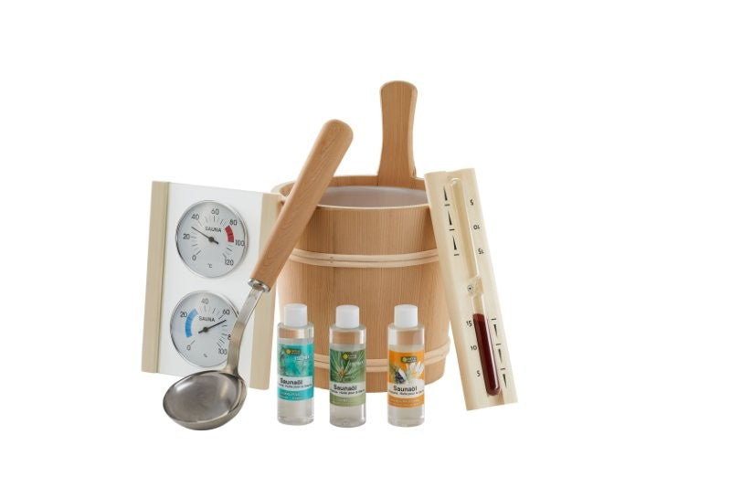 Saunaset Unico 8-teilig mit Aufgusseimer und Duftölen